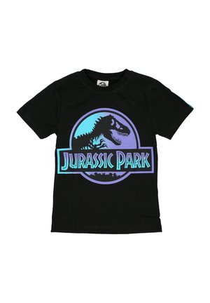 Czarna koszulka z krótkim rękawem z niebieskim i purpurowym logo Jurassic Park z sylwetką szkieletu T-Rexa.