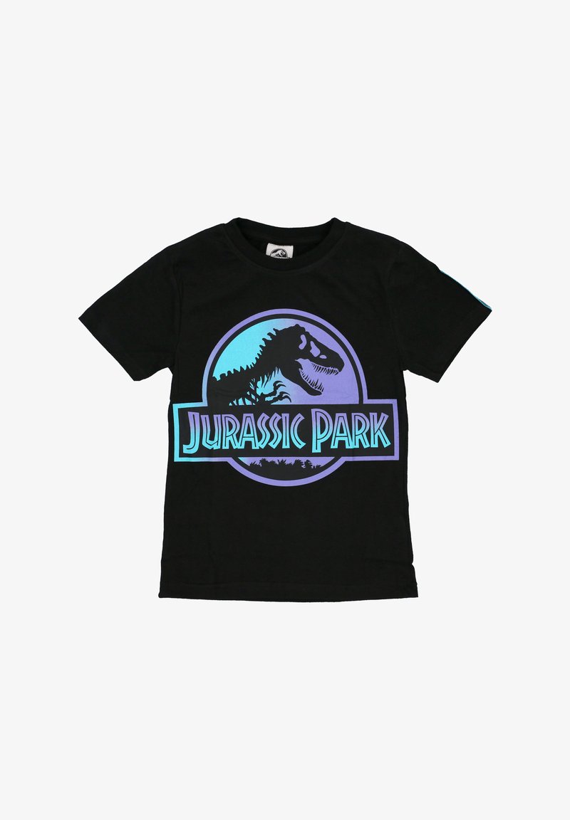 Sort kortærmet t-shirt med et blåt og lilla Jurassic Park-logo, der viser en T-Rex-skelet silhuet.