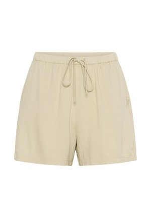 Beige lounge shorts made of soft, lightweight fabric, featuring an elastic waistband with drawstring and side pockets.