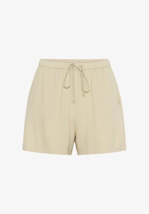 Beige lounge shorts gemaakt van zachte, lichte stof, met een elastische tailleband met koord en zijzakken.