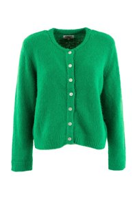 Cardigan verde e morbido realizzato in materiale soffice. Presenta un collo rotondo, maniche lunghe e chiusura con bottoni di colore chiaro sul davanti.
