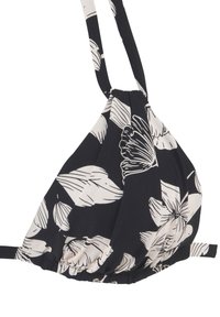 Črni bikini top z cvetličnim vzorcem in belimi listi, trikotne oblike, nastavljive naramnice in nagubano dno.