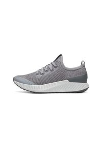 Scarpe da atletica grigio chiaro con tomaia in maglia, design testurizzato, chiusura con lacci e suola bianca a contrasto con un motivo a zigzag.