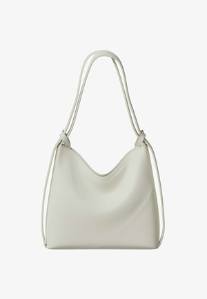 Weiße Leder-Umhängetasche mit doppelten Trägern, die an der Basis verknotet sind, glatter Oberfläche und weicher, geschwungener Oberkante.