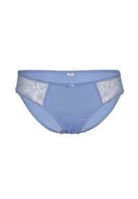 Slip da donna blu chiaro con pannelli in pizzo trasparente sui lati, una piccola decorazione a fiocco sul davanti e una morbida fascia elastica in vita.