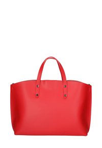 Rode leren tote bag met twee bovenhandvatten, een soepele textuur en een gestructureerde vorm. Heeft zwarte studs op de bevestigingen van de handvatten.