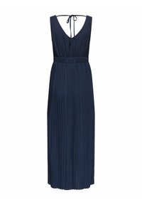Navy blue pleated dress with a deep V-back, adjustable tie, and an elastic waistband for a relaxed fit. Smooth fabric texture and ankle length.