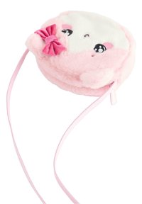 Borsa a tracolla rotonda di peluche rosa con una simpatica faccia di animale, occhi ricamati, un fiocco rosa e una sottile tracolla regolabile.