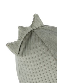 Soft gray fabric cat ear hat with subtle brown vertical stripes and stitched ear details on a white background.
