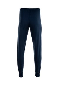Marineblauwe, rekbare joggers van stof met elastische tailleband en boorden, met een gestroomlijnd ontwerp en een soepele textuur.