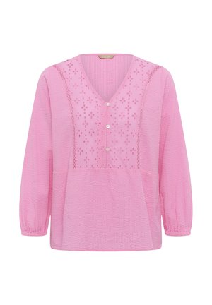 Roza dolgo rokavna bluza z v-izrezom, gumbi spredaj, vezenje cvetličnih okrasnih lukenj na prsih in teksturirano tkanino z elastičnimi manšetami.