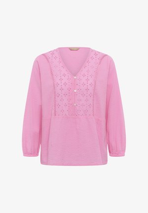 Roosa pikkade varrukatega pluus V-kaelusega, nööpidega ees, rinnal lillemustriga õmblused ja tekstuurse kangaga, millel on elastsed mansetid.