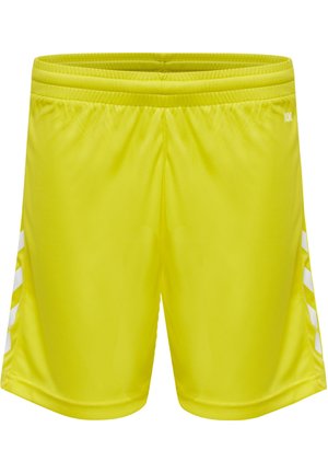 Heldere gele sportshorts met een elastische tailleband en zijaccenten met witte diagonale strepen. Glad, lichtgewicht stof.