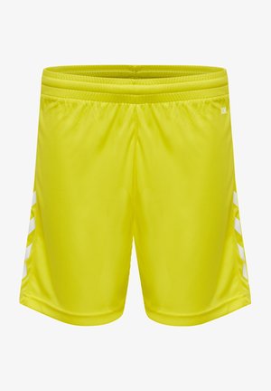 Pantalones cortos atléticos de un brillante color amarillo con una cinturilla elástica y acentos laterales que presentan rayas diagonales blancas. Tela suave y ligera.