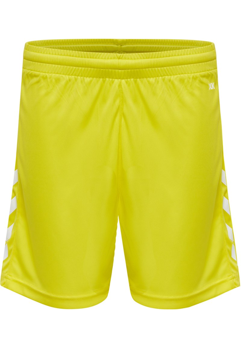 Heldere gele sportshorts met een elastische tailleband en zijaccenten met witte diagonale strepen. Glad, lichtgewicht stof.