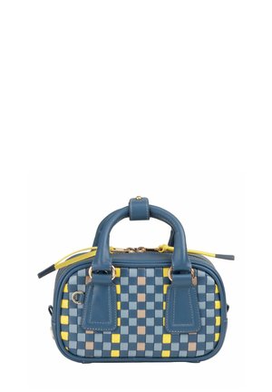 Small rectangular handbag with blue, beige, yellow woven pattern, blue handles, and a yellow zipper pull on top.
