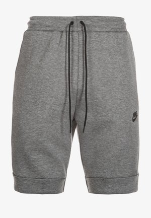 Harmaat puuvillasekoiteshortsit, joissa on joustava vyötärönauha, musta kiristysnauha ja logotyyppikoriste oikeassa lahkeessa. Reunat ovat käännetyt.