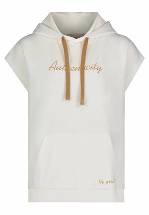 Crèmekleurige mouwloze hoodie met bruine trekkoorden, voorzak in kangoeroestijl, "Authenticity" tekst op de borst en kleine "Up great!" tekst near de zoom.