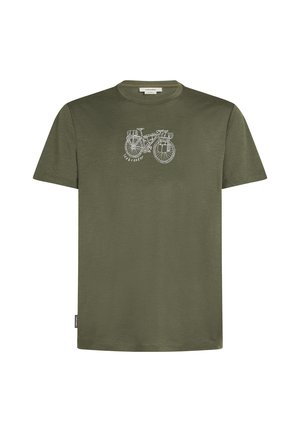 Olive green t-shirt in a soft, textured fabric featuring a white bicycle graphic with "icebreaker" text. Short sleeves and crew neck design.