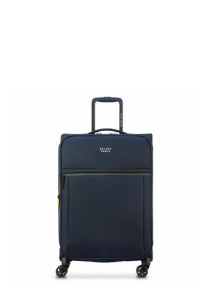 Navy blue soft-shell suitcase with a retractable handle, four multi-directional wheels, front zip pocket, and Delsey Paris logo.