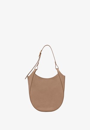 Tan leather crescent-shaped shoulder bag with adjustable strap and subtle embossed brand name on upper front.