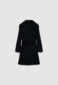 Cappotto nero in lana con maniche lunghe, colletto, vita con cintura e silhouette dritta. Tessuto liscio senza motivi visibili.