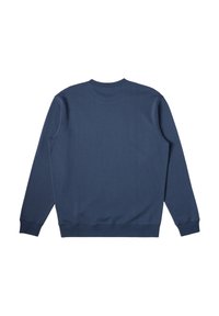 Felpa blu navy con collo a giro, maniche lunghe e polsini e orlo a costine. Materiale liscio; colore uniforme senza fantasie o accenti.