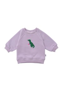 Lila Baumwoll-Sweatshirt mit gerippten Bündchen und Saum. Mit einem grauen Dinosaurier-Graphic, der ein pinkes Herz auf der Brust hält.