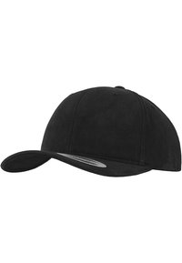 Svart baseballcap laget av stoff med buet brem og strukturert krone, uten synlig logo eller mønster.