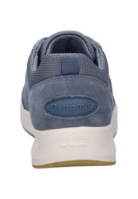 Niebieskie zamszowe i siateczkowe buty sportowe z białą podeszwą. Logo na pięcie, fakturowana cholewka i pętelka do łatwego zakładania.