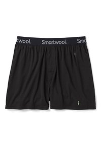 Zwarte boxershorts gemaakt van zachte stof met een grijze Smartwool-logo tailleband. Heeft een opening aan de voorkant en een klein kleurrijk accentdetail.