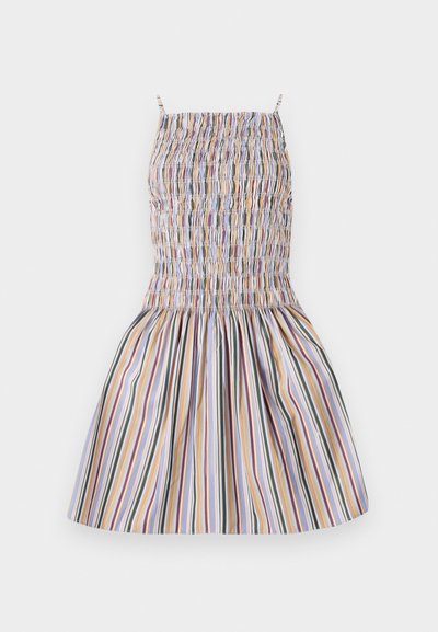 Vestido leve com riscas multicoloridas, com corpete franzido, alças finas e saia rodada, apresentando padrões verticais em várias cores.