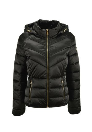 Giacca nera imbottita con cappuccio, zip frontale e due tasche laterali con zip, con motivo trapuntato a spina di pesce.