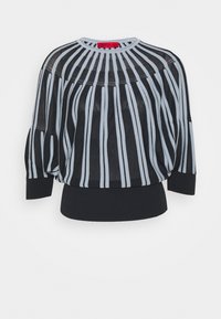 Czarny sweter w jasnoniebieskie paski, luźny krój, okrągły dekolt, ściągacze na rękawach i dole, teksturowany materiał o lekkim, przewiewnym odczuciu.