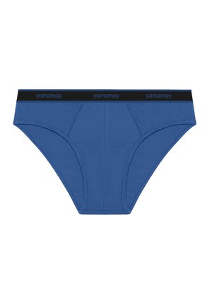 Blue cotton brief with black logo waistband, featuring a smooth texture and snug fit. Includes seam detailing for structure and support.
