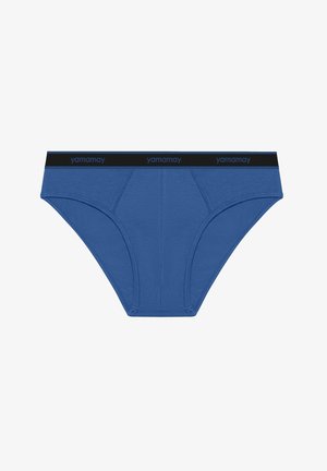 Blauwe katoen slips met een zwarte logo tailleband, met een gladde textuur en een strakke pasvorm. Inclusief stiknaaddetails voor structuur en ondersteuning.