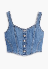 Denim cropped topp med breda axelremmar, framknappar och figurnära design. Har en ljusblå färg och subtila syddetaljer.