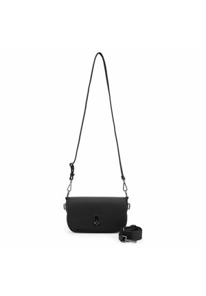 Sac bandoulière rectangulaire noir avec fermeture frontale, longue sangle réglable attachée, et une sangle supplémentaire détachable à côté, sur fond blanc.
