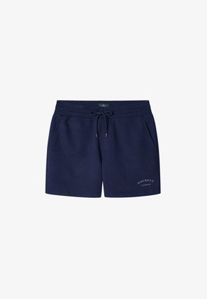Shorts di cotone blu navy con vita elasticizzata e cordoncino, tasche laterali e logo "Hackett London" vicino all'orlo. Tessuto morbido, design casual.