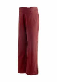 Bordeaux wijde broek van zacht materiaal, met een soepele elastische tailleband en contrasterende lichte zijstrepen. Inclusief zijzakken.