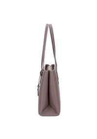Borsa a mano in pelle marrone con design strutturato, chiusura con zip e due Manici lunghi. Presenta una base piatta e dettagli cuciti.