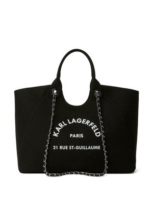 Sac cabas noir Karl Lagerfeld avec anses chaîne et texte blanc "Karl Lagerfeld Paris 21 Rue St-Guillaume" sur le devant.