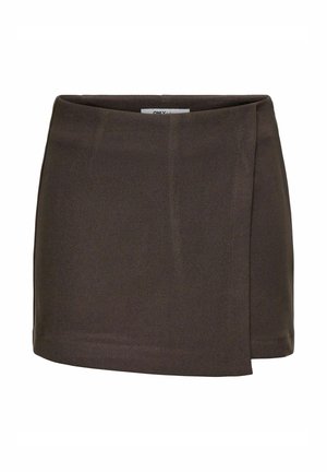 Brun indpakket mini nederdel med et elegant design, lavet af tekstureret stof; har en sidelap og et glat taljebånd.