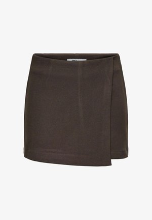 Brun omslag mini skjørt med et elegant design, laget av teksturert stoff; har en sidelapp og en glatt midjebånd.