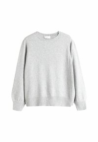 Pull gris clair avec encolure ronde, manches longues, ourlet côtelé et texture douce, conçu pour un usage décontracté.