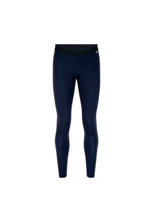 Marineblaue Leggings aus einem weichen, dehnbaren Material. Mit einem breiten schwarzen Bund und einem figurbetonten Design, das bis zu den Knöcheln reicht.
