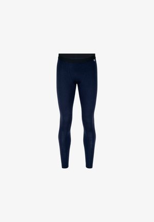 Marineblaue Leggings aus einem weichen, dehnbaren Material. Mit einem breiten schwarzen Bund und einem figurbetonten Design, das bis zu den Knöcheln reicht.