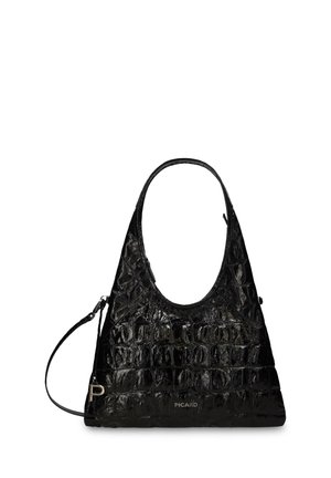 Sac à main noir brillant avec texture crocodile, poignée ovale, bandoulière amovible et logo « PICARD » en bas au centre devant.