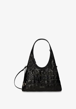 Sac à main noir brillant avec texture crocodile, poignée ovale, bandoulière amovible et logo « PICARD » en bas au centre devant.