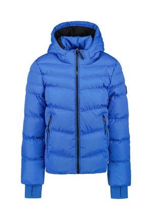 Eine leuchtend blaue Daunenjacke mit Kapuze, ausgestattet mit einem Reißverschluss vorne und zwei Seitentaschen, vor einem weißen Hintergrund präsentiert.